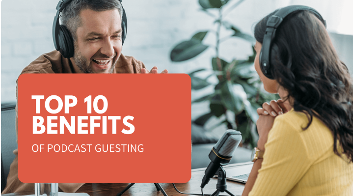 benefits of being a podcast guest shown with two people recording a podcast interview with microphones